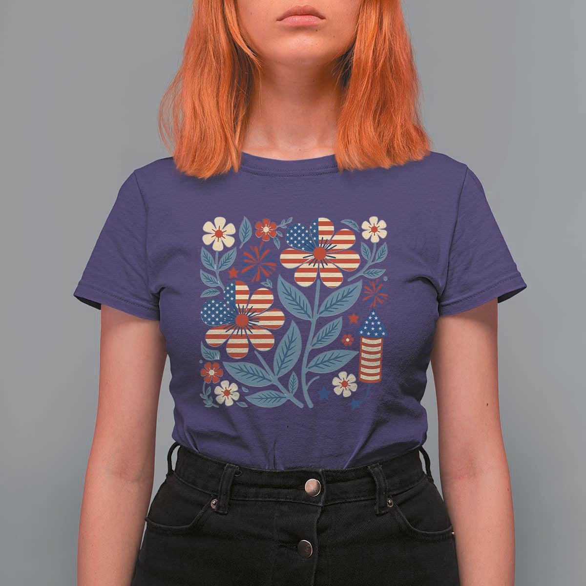Boho Patriotic Daisy American Flag Floral T Shirt For Women