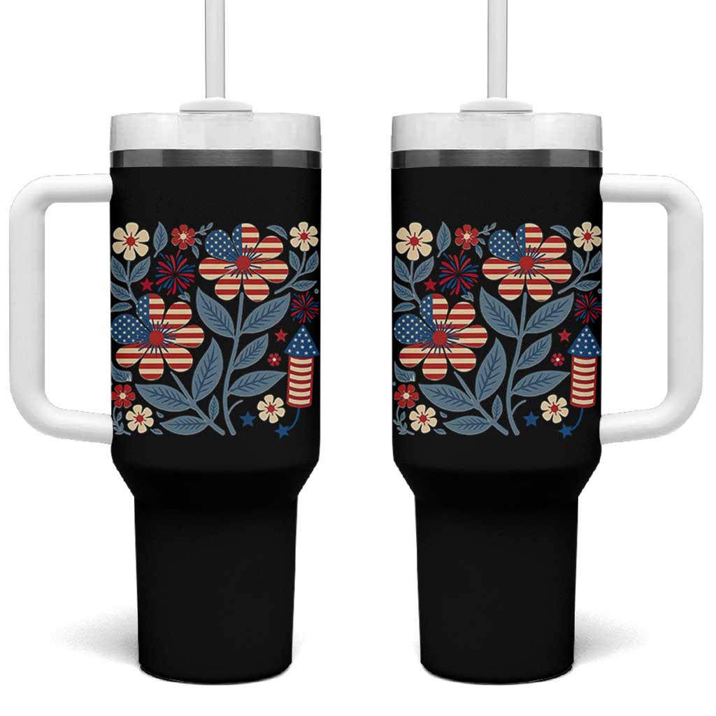 Boho Patriotic Daisy American Flag Floral Tumbler With Handle