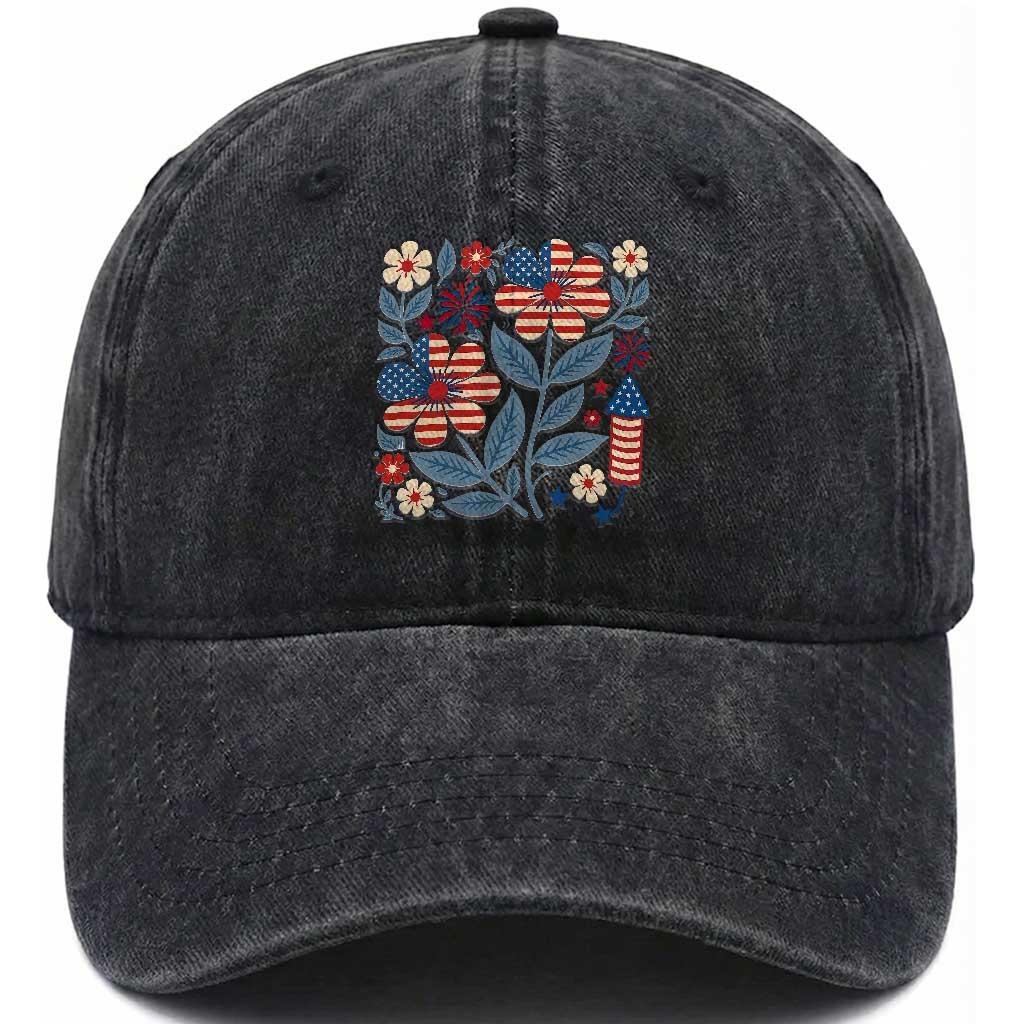 Boho Patriotic Daisy American Flag Floral Washed Cotton Baseball Cap