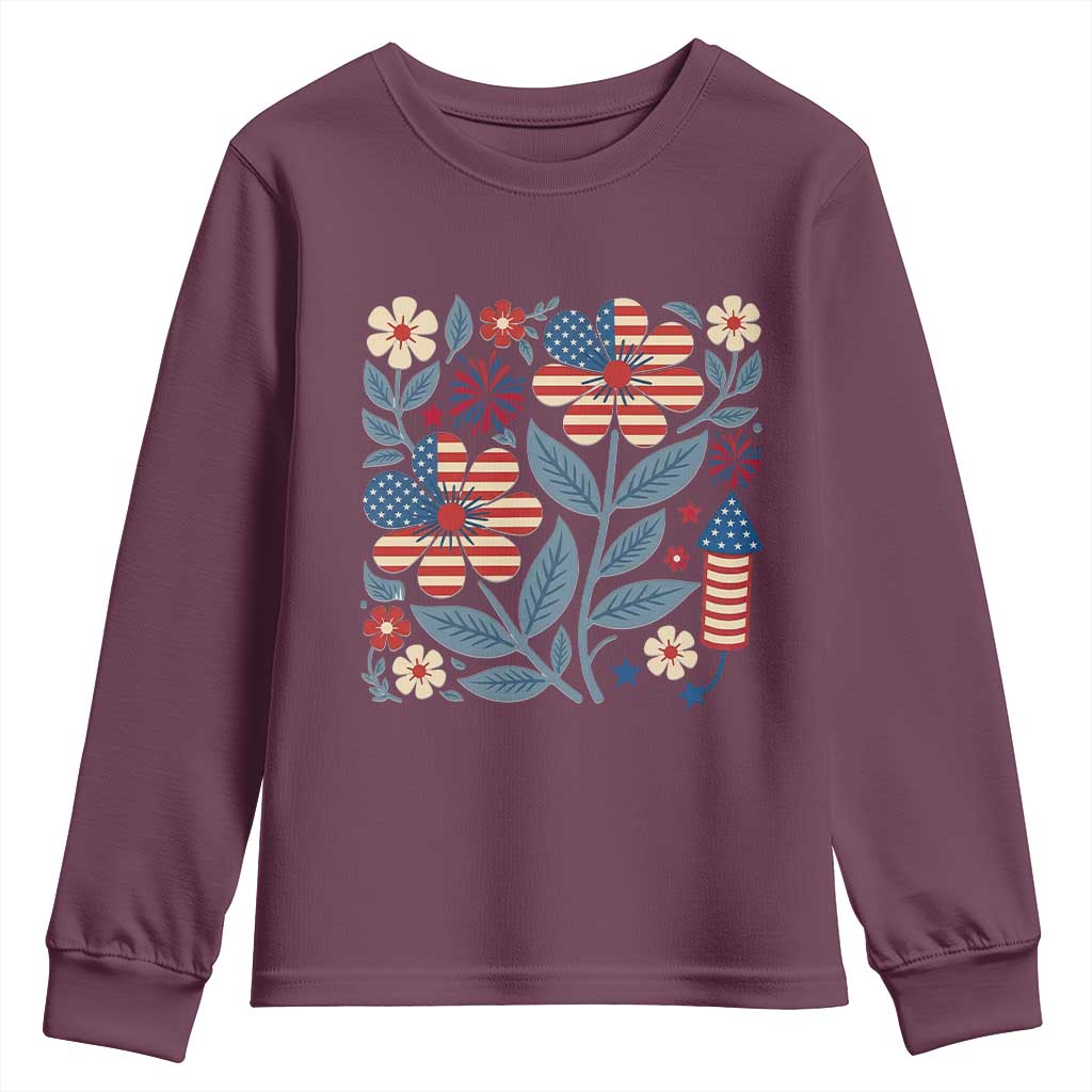 Boho Patriotic Daisy American Flag Floral Youth Sweatshirt