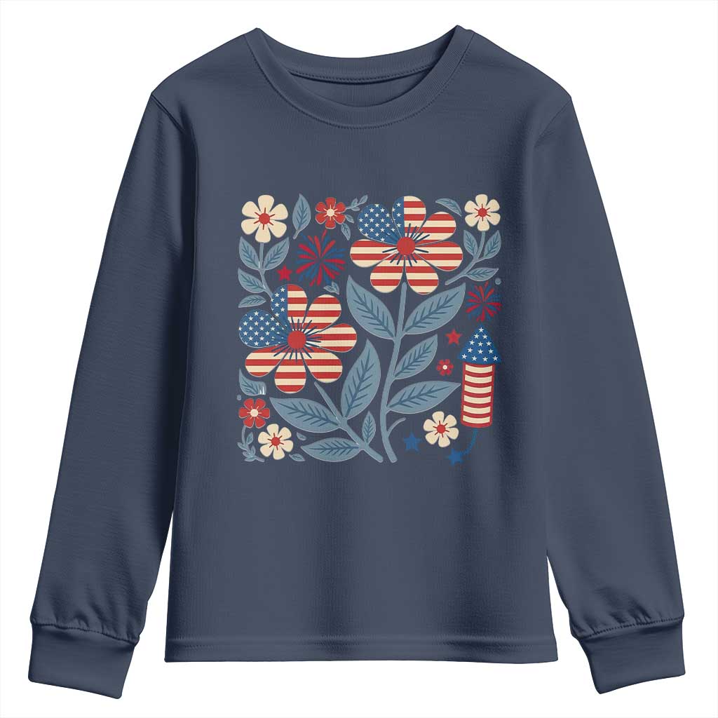 Boho Patriotic Daisy American Flag Floral Youth Sweatshirt