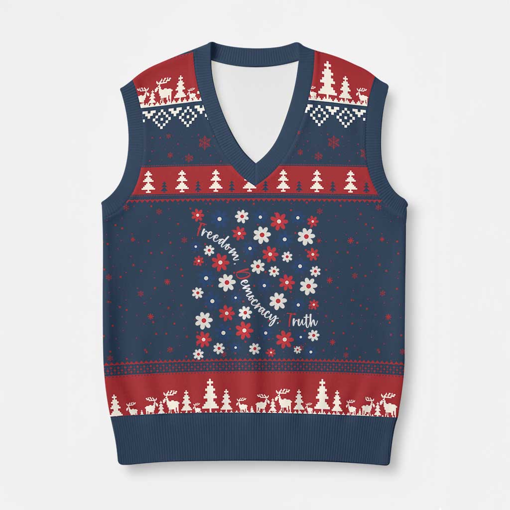 Freedom Democracy Truth V-Neck Knit Sweater Vest Patriotic Floral