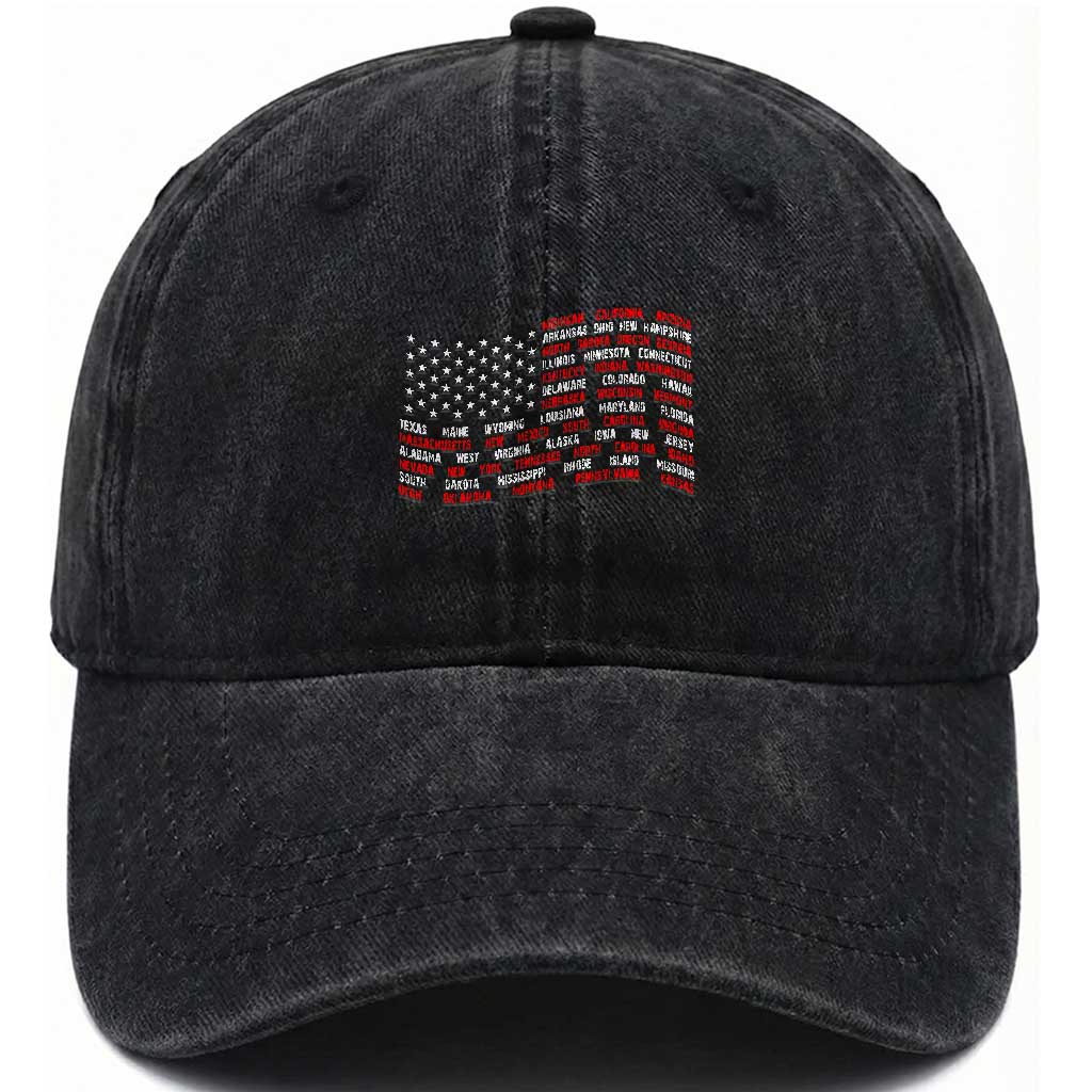 Vintage American Flag 50 States Washed Cotton Baseball Cap Patriotic Gift