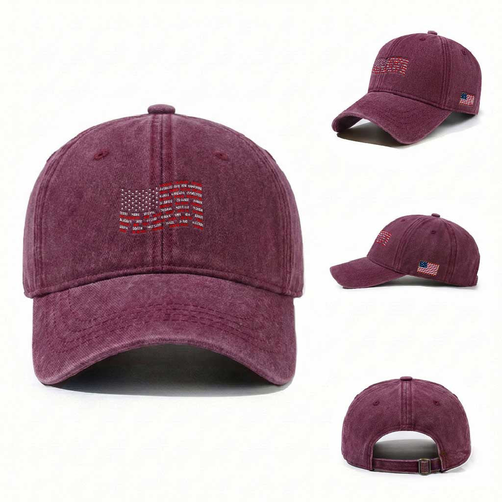 Vintage American Flag 50 States Washed Cotton Baseball Cap Patriotic Gift
