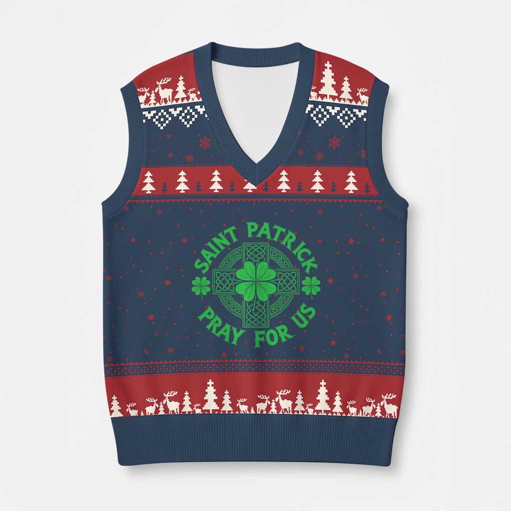 Saint Patrick Pray For Us V-Neck Knit Sweater Vest St Patricks Day Celtic Cross