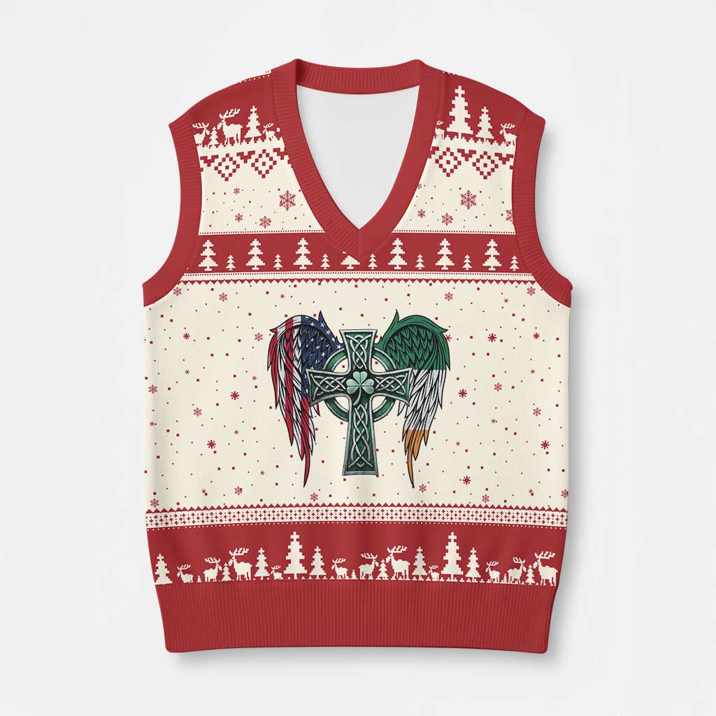 Patriotic Irish American Cross V-Neck Knit Sweater Vest St Patricks Day Religious Gift