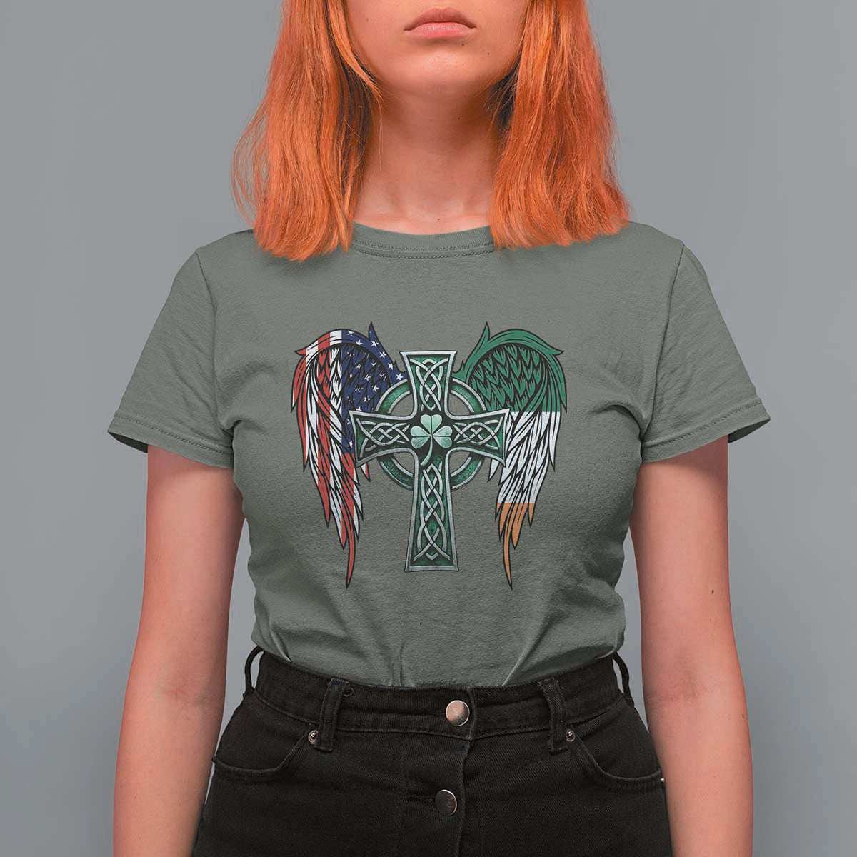 Patriotic Irish American Cross T Shirt For Women St Patricks Day Religious Gift