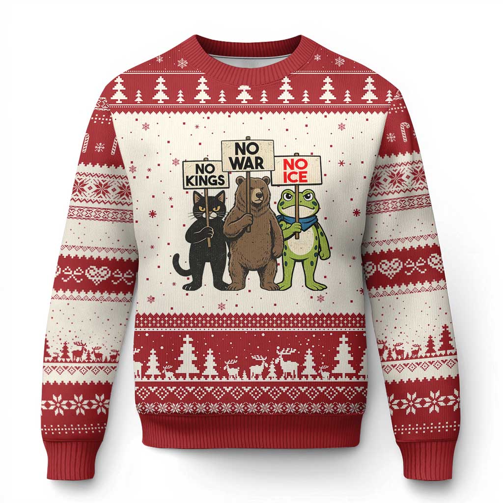 Funny Animal Protest Ugly Christmas Sweater No Kings No Wars No Ice