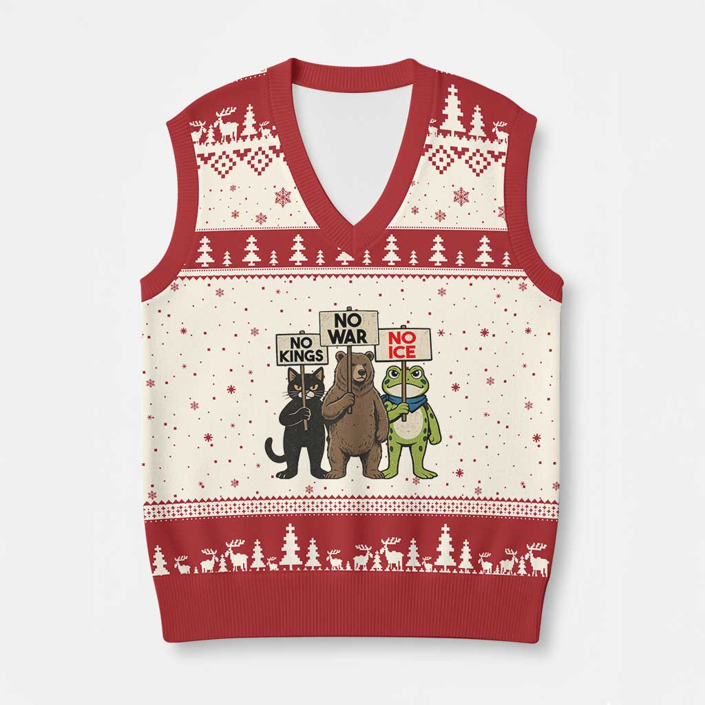 Funny Animal Protest V-Neck Knit Sweater Vest No Kings No Wars No Ice