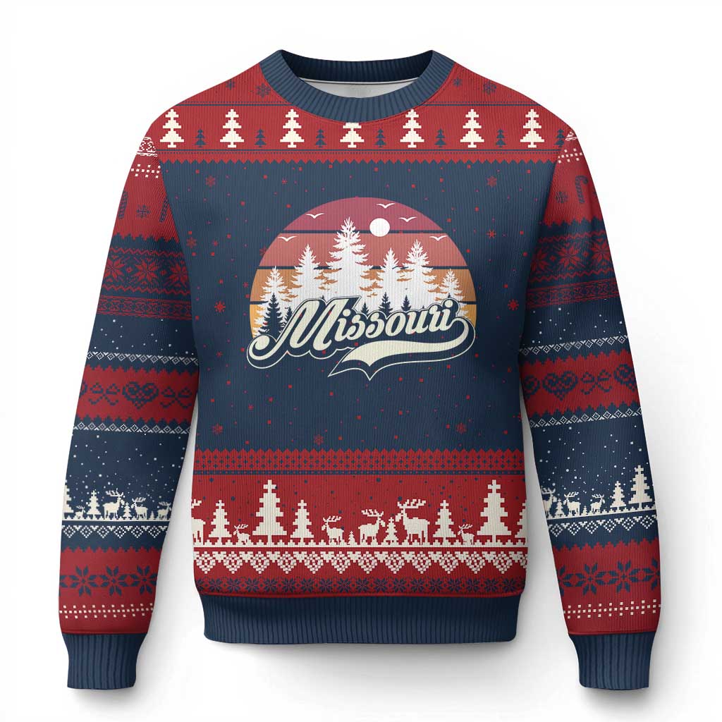 Missouri Travel Gift Ugly Christmas Sweater Vintage Forest River Landscape