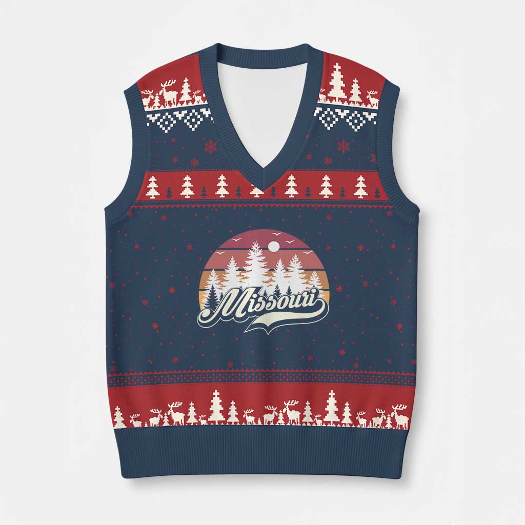 Missouri Travel Gift V-Neck Knit Sweater Vest Vintage Forest River Landscape