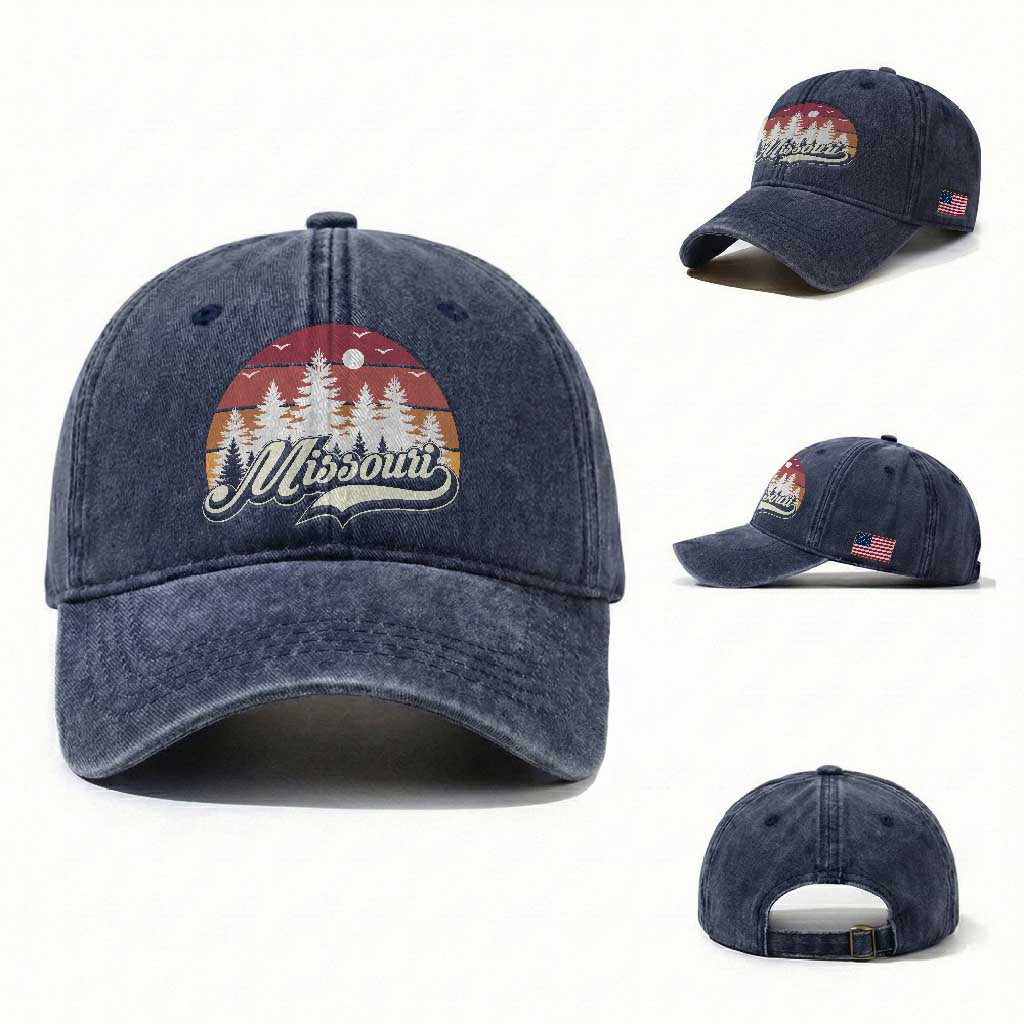 Missouri Travel Gift Washed Cotton Baseball Cap Vintage Forest River Landscape