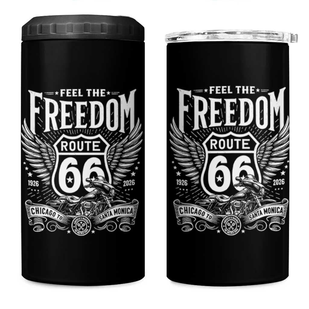 Feel The Freedom Route Highway 66 4 in 1 Can Cooler Tumbler 100th Anniversary Biker Road Trip Graphic