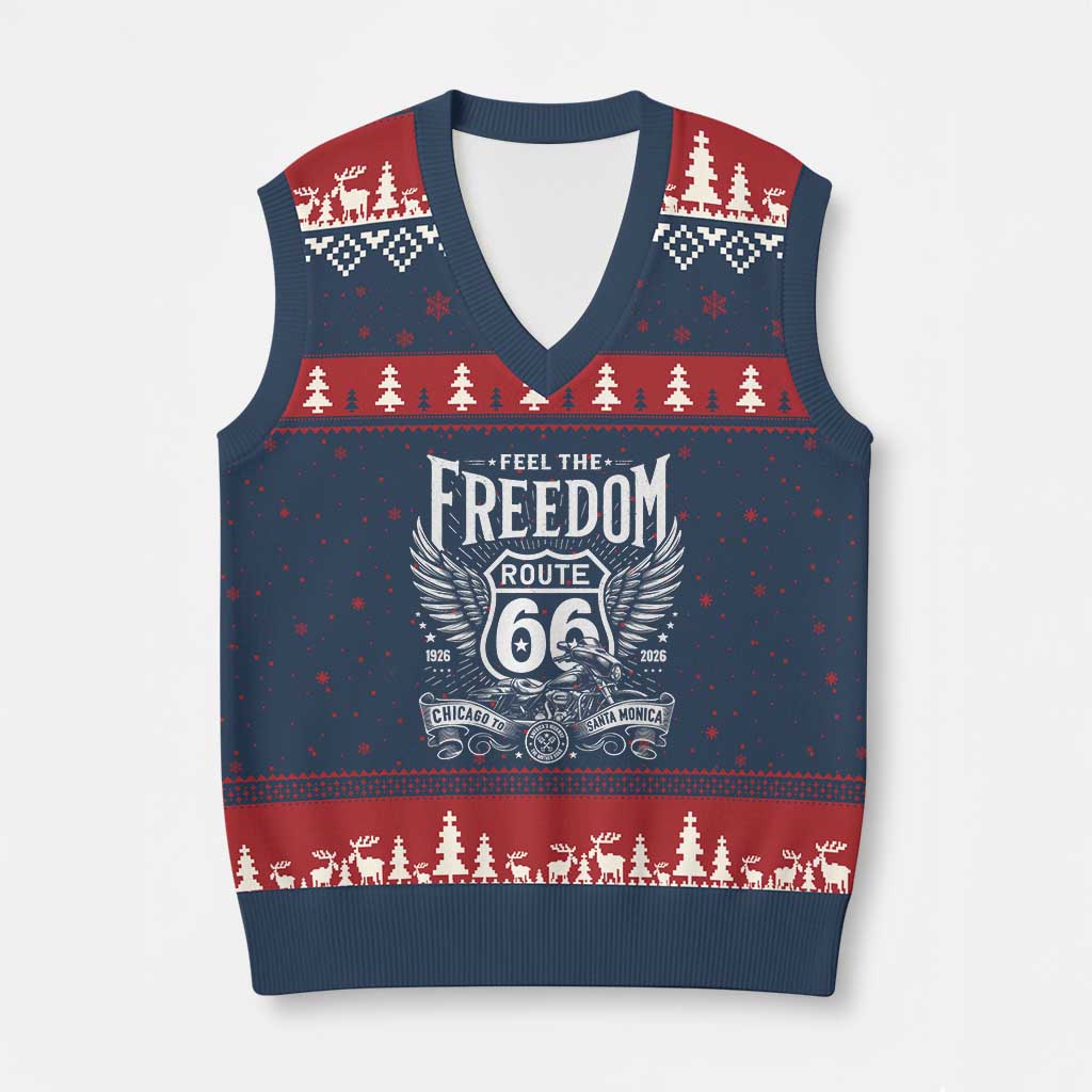 Feel The Freedom Route Highway 66 V-Neck Knit Sweater Vest 100th Anniversary Biker Road Trip Graphic