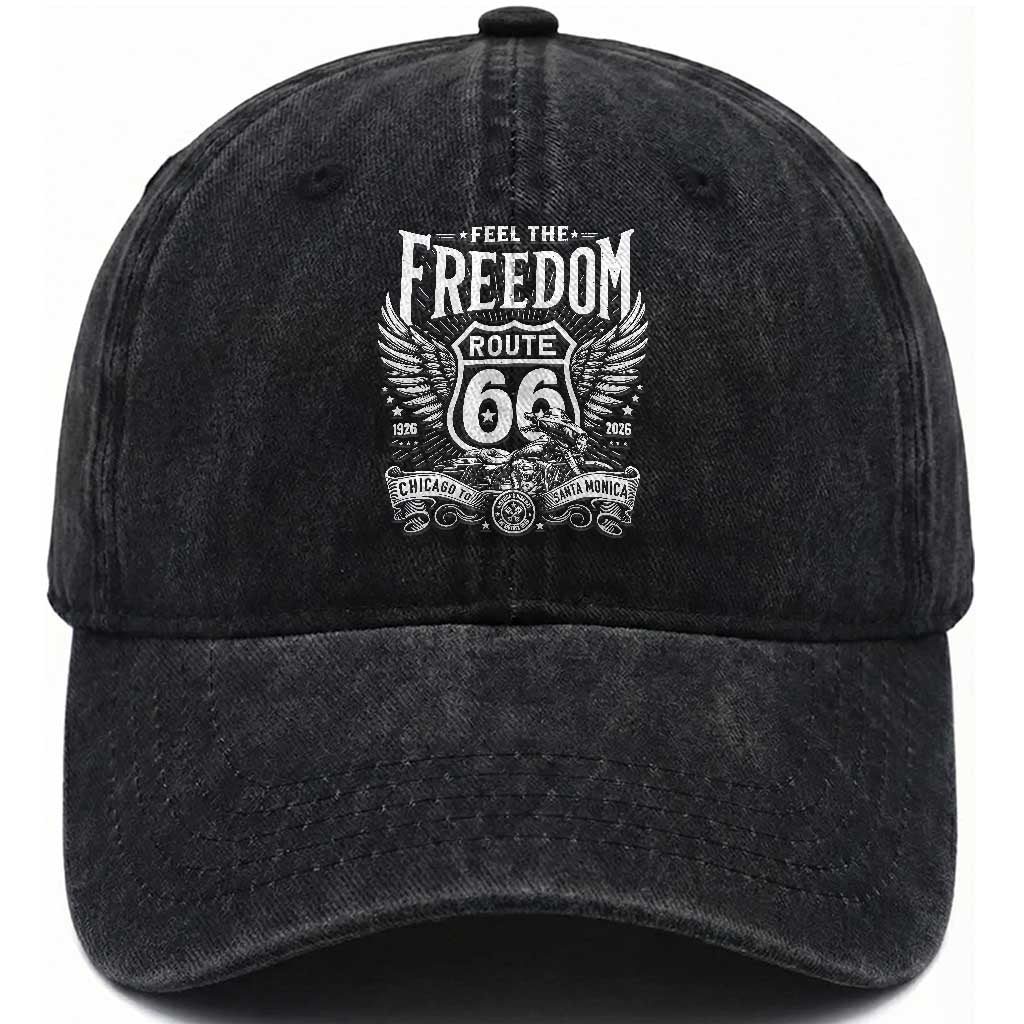 Feel The Freedom Route Highway 66 Washed Cotton Baseball Cap 100th Anniversary Biker Road Trip Graphic