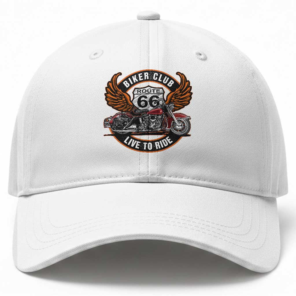 Vintage Route Highway 66 Biker Club Baseball Cap Live To Ride Motorcycle Graphic