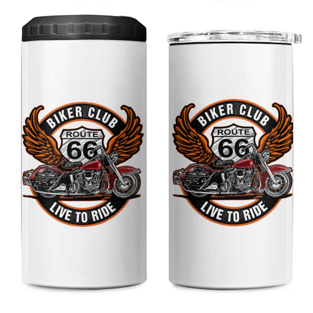 Vintage Route Highway 66 Biker Club 4 in 1 Can Cooler Tumbler Live To Ride Motorcycle Graphic