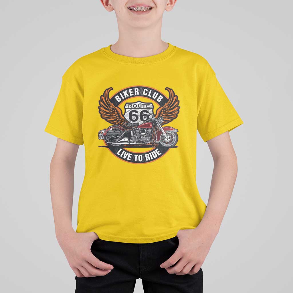 Vintage Route Highway 66 Biker Club T Shirt For Kid Live To Ride Motorcycle Graphic
