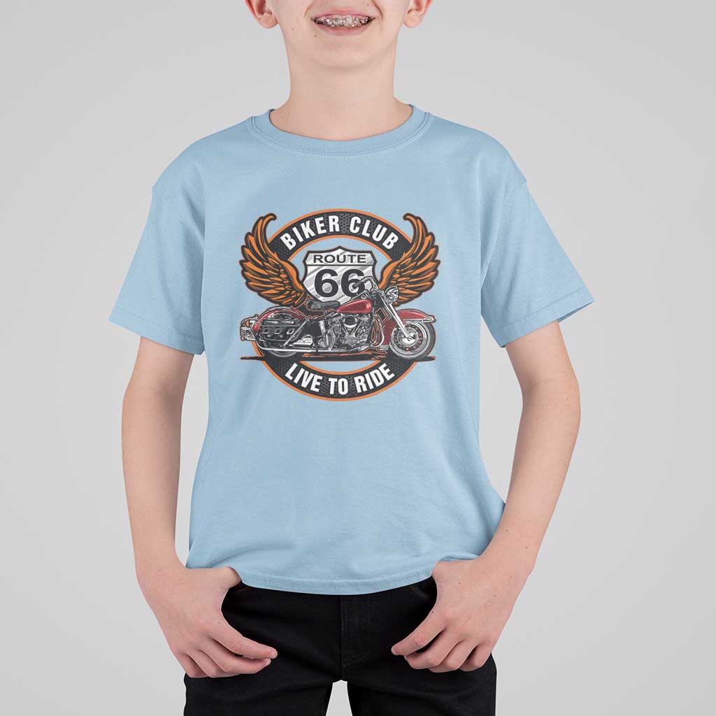 Vintage Route Highway 66 Biker Club T Shirt For Kid Live To Ride Motorcycle Graphic