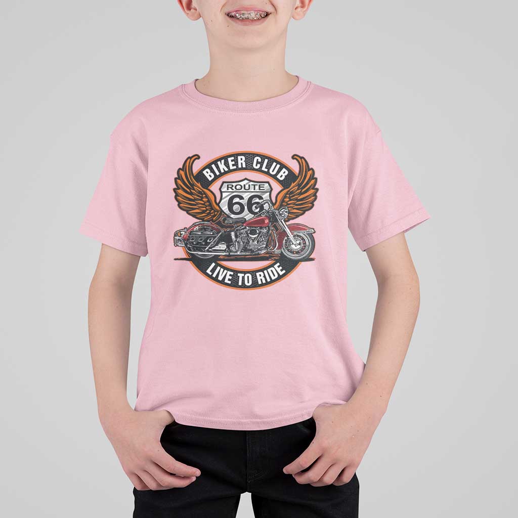 Vintage Route Highway 66 Biker Club T Shirt For Kid Live To Ride Motorcycle Graphic