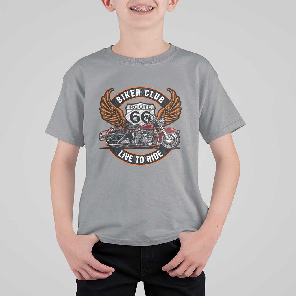 Vintage Route Highway 66 Biker Club T Shirt For Kid Live To Ride Motorcycle Graphic
