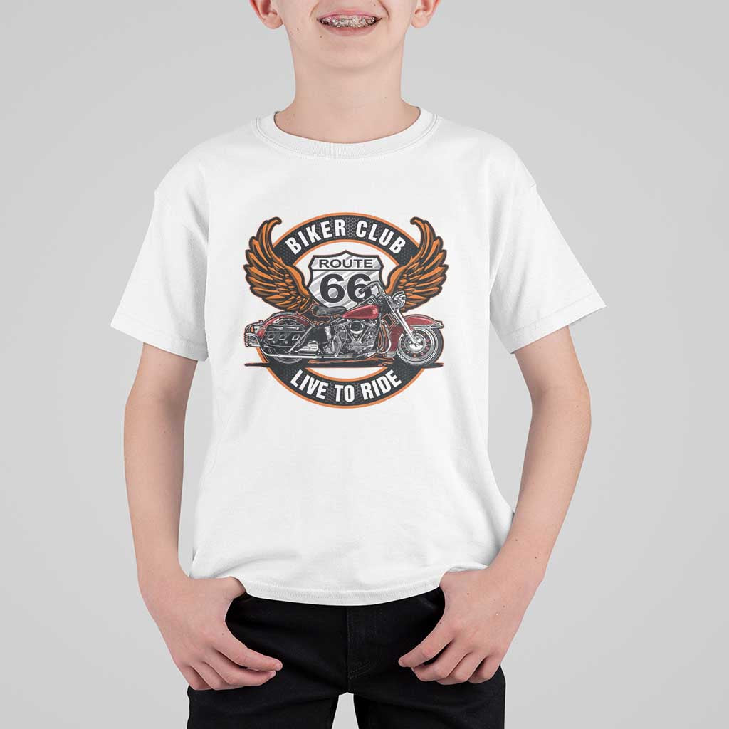 Vintage Route Highway 66 Biker Club T Shirt For Kid Live To Ride Motorcycle Graphic