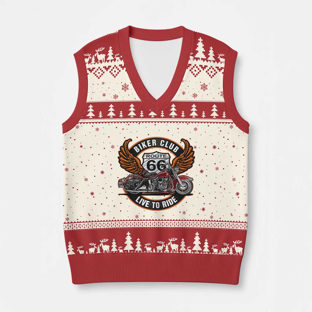Vintage Route Highway 66 Biker Club V-Neck Knit Sweater Vest Live To Ride Motorcycle Graphic