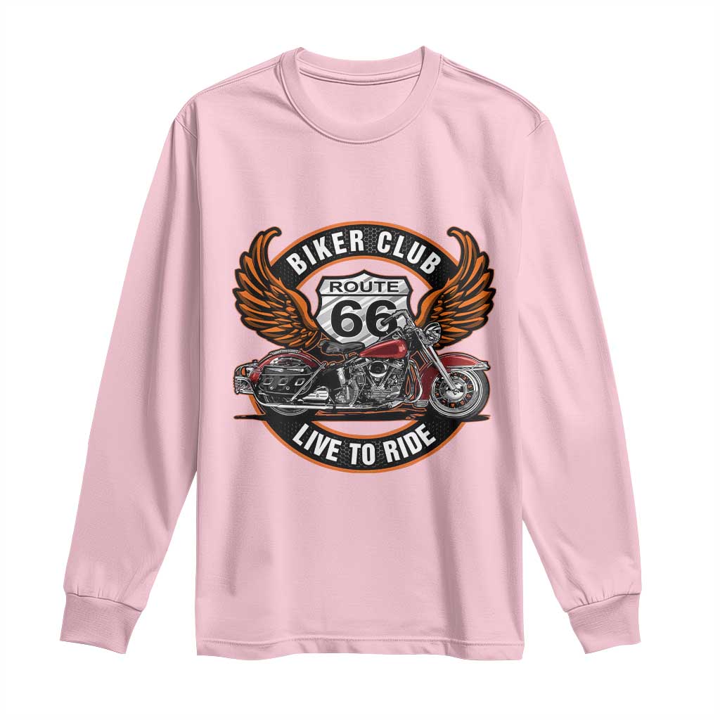 Vintage Route Highway 66 Biker Club Long Sleeve Shirt Live To Ride Motorcycle Graphic