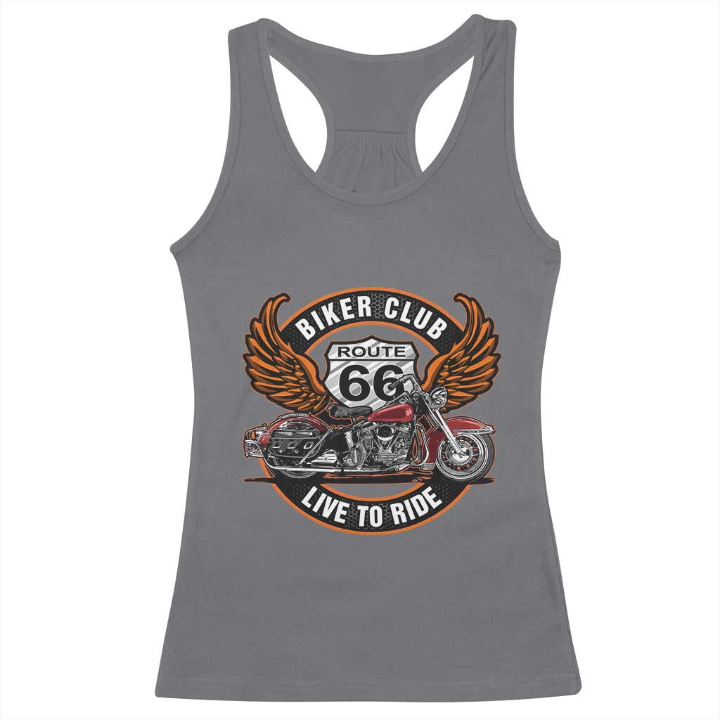 Vintage Route Highway 66 Biker Club Racerback Tank Top Live To Ride Motorcycle Graphic