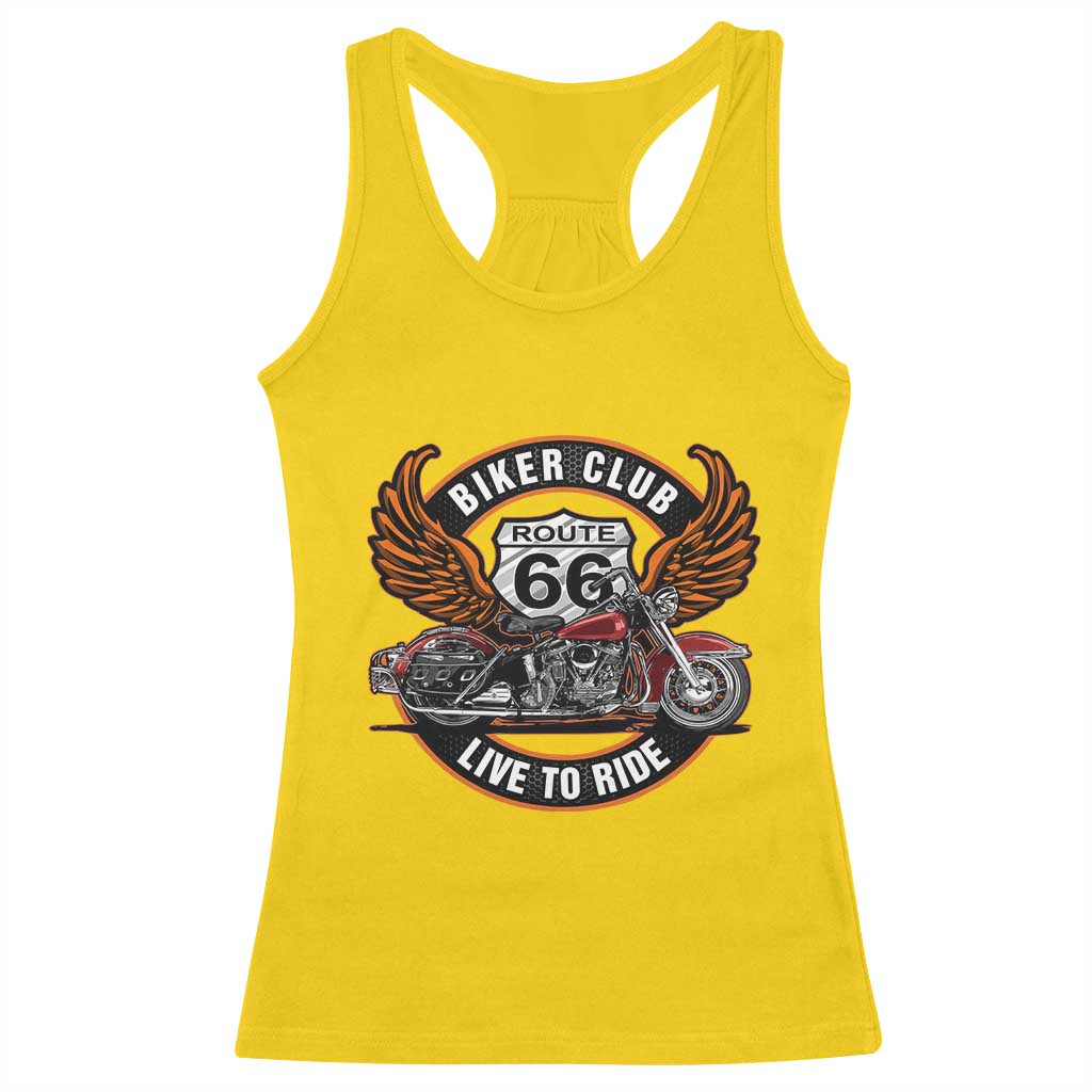 Vintage Route Highway 66 Biker Club Racerback Tank Top Live To Ride Motorcycle Graphic