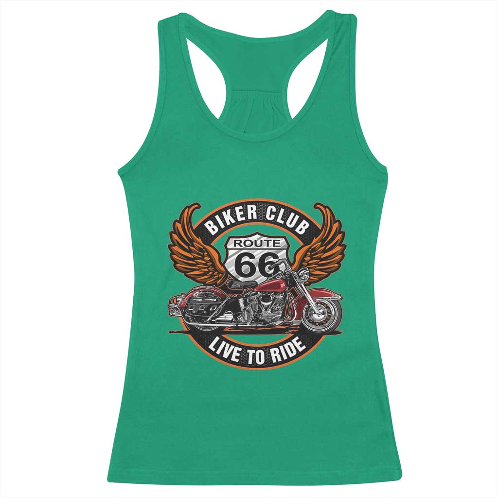 Vintage Route Highway 66 Biker Club Racerback Tank Top Live To Ride Motorcycle Graphic