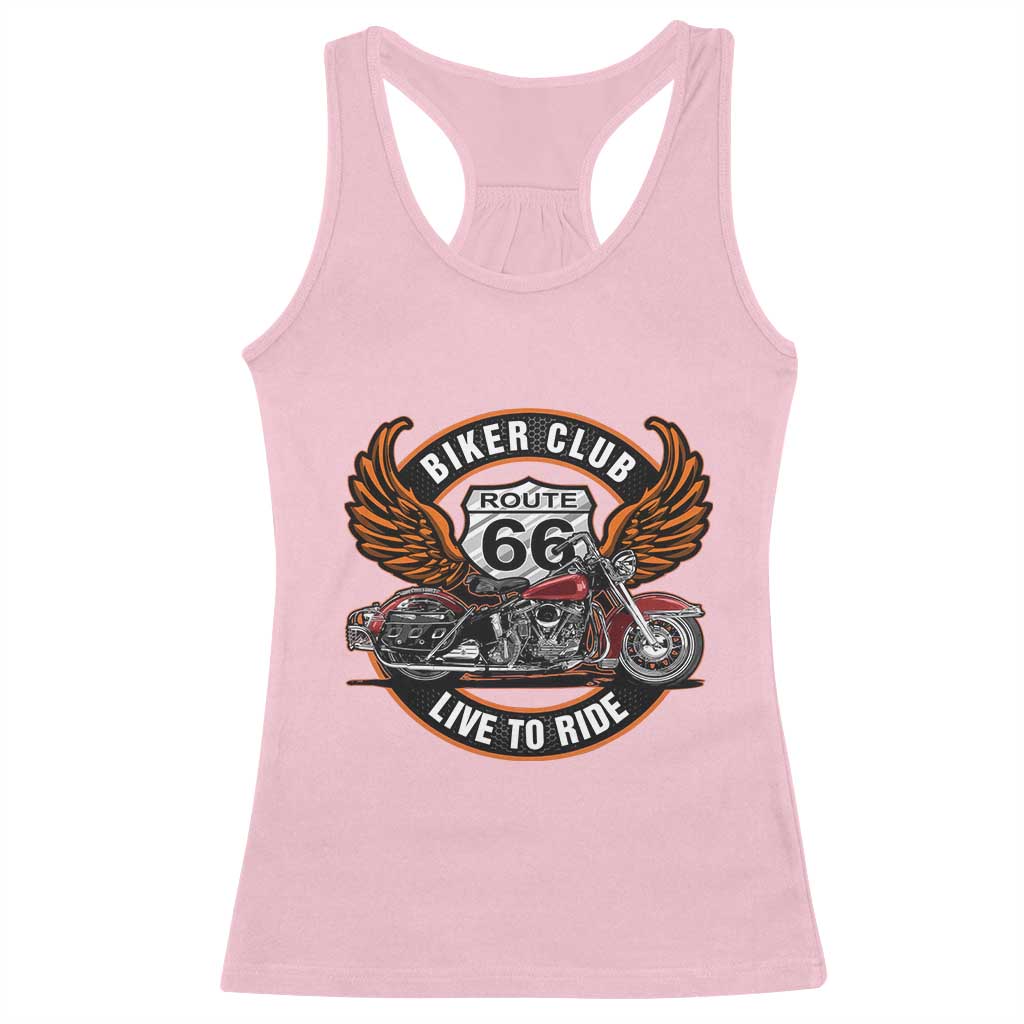Vintage Route Highway 66 Biker Club Racerback Tank Top Live To Ride Motorcycle Graphic
