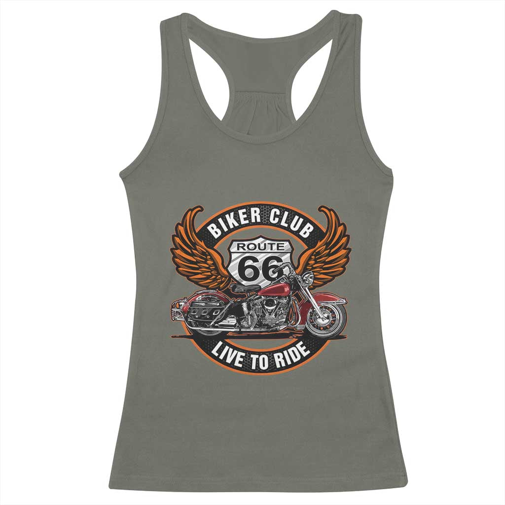 Vintage Route Highway 66 Biker Club Racerback Tank Top Live To Ride Motorcycle Graphic