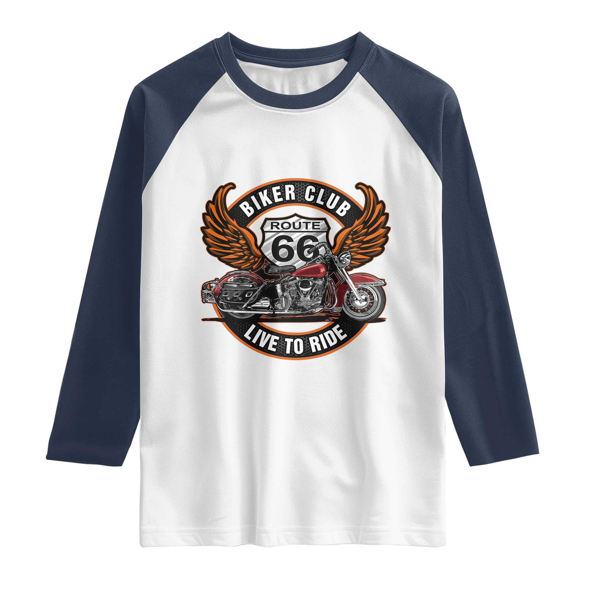 Vintage Route Highway 66 Biker Club Raglan Shirt Live To Ride Motorcycle Graphic