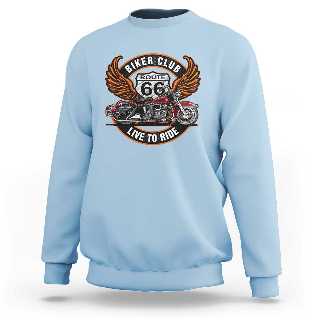 Vintage Route Highway 66 Biker Club Sweatshirt Live To Ride Motorcycle Graphic