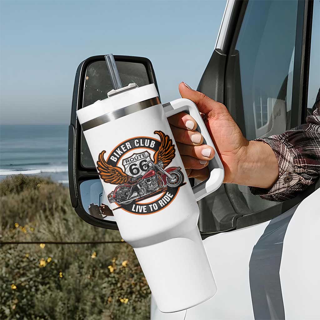 Vintage Route Highway 66 Biker Club Tumbler With Handle Live To Ride Motorcycle Graphic