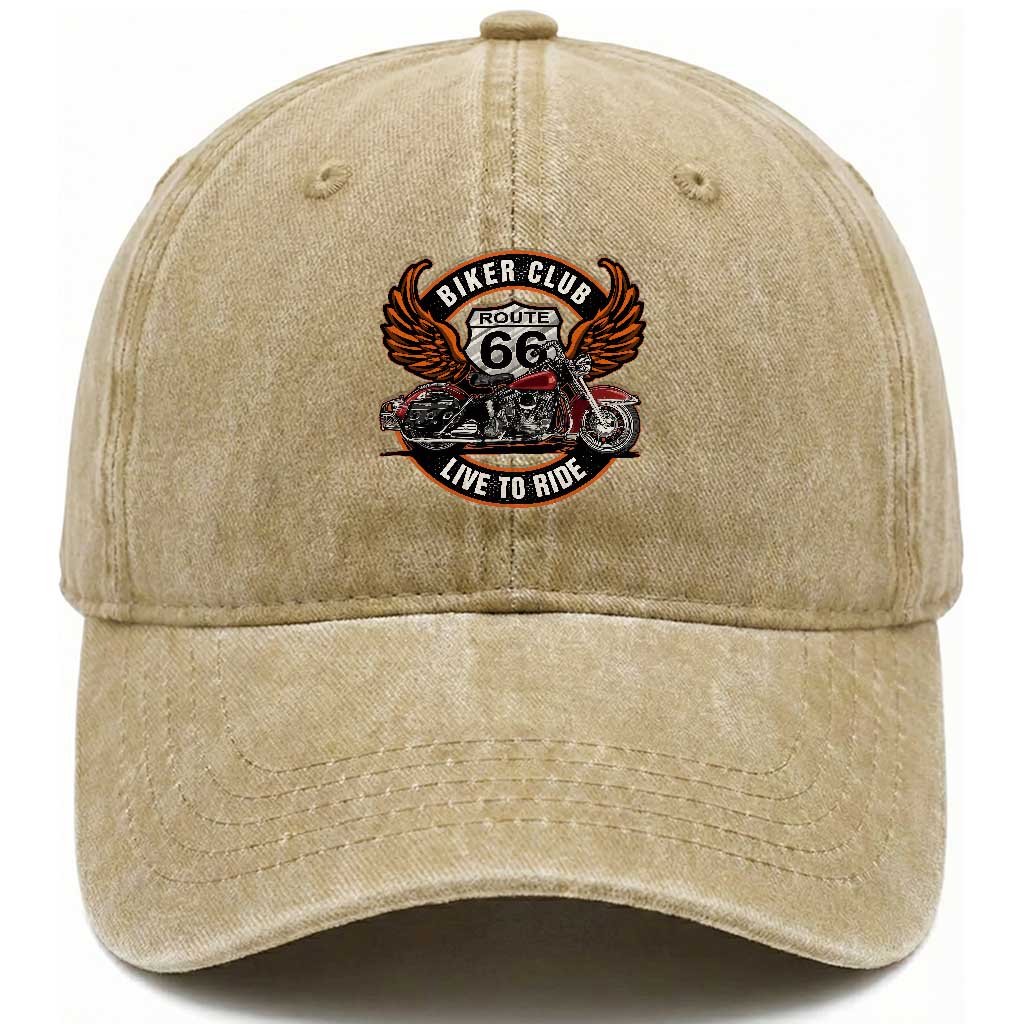 Vintage Route Highway 66 Biker Club Washed Cotton Baseball Cap Live To Ride Motorcycle Graphic