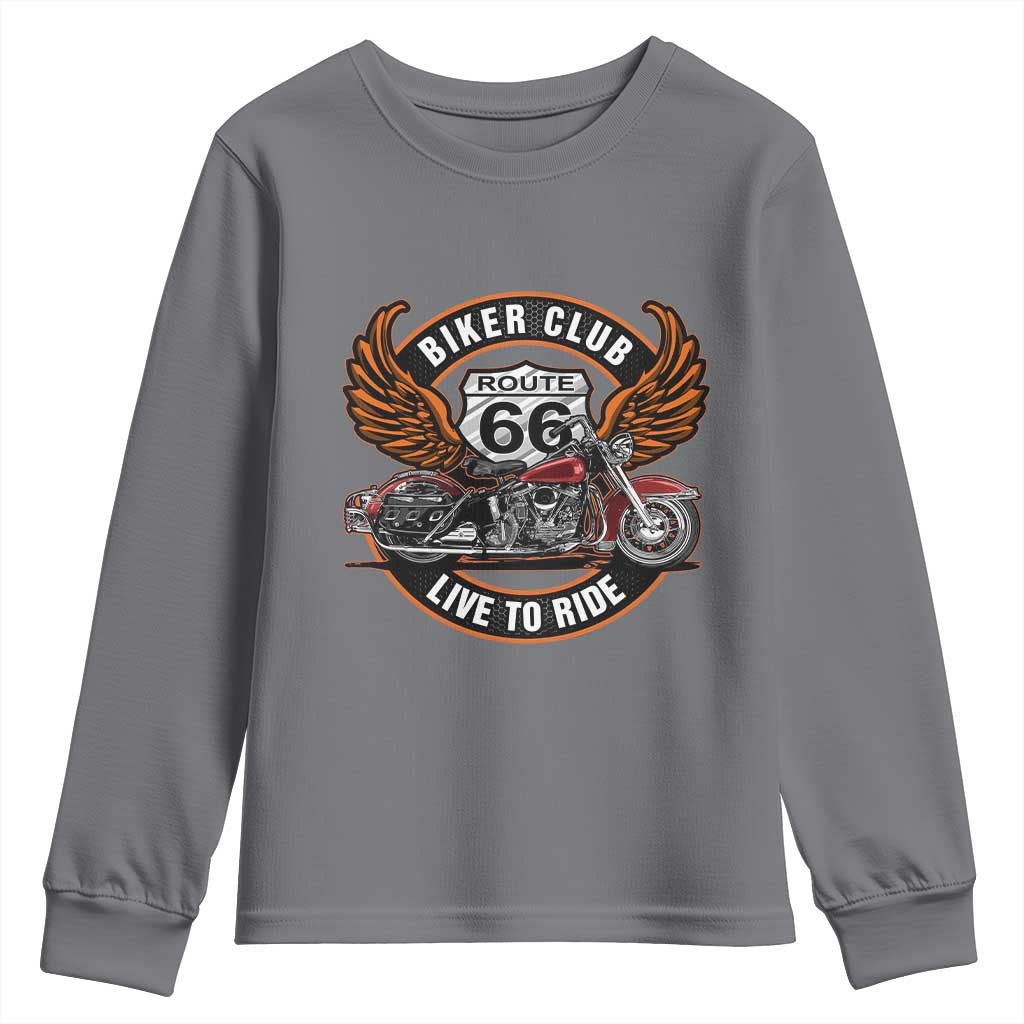 Vintage Route Highway 66 Biker Club Youth Sweatshirt Live To Ride Motorcycle Graphic