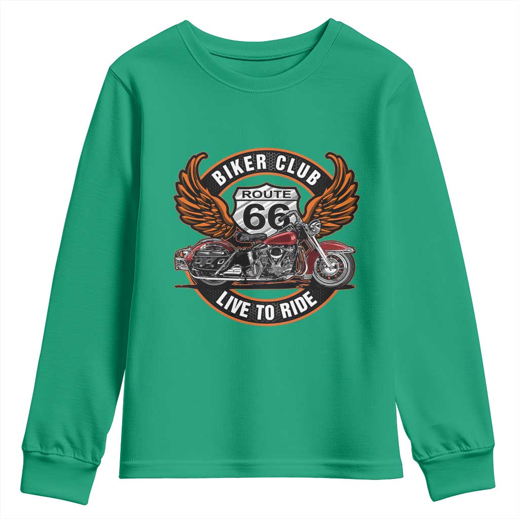 Vintage Route Highway 66 Biker Club Youth Sweatshirt Live To Ride Motorcycle Graphic