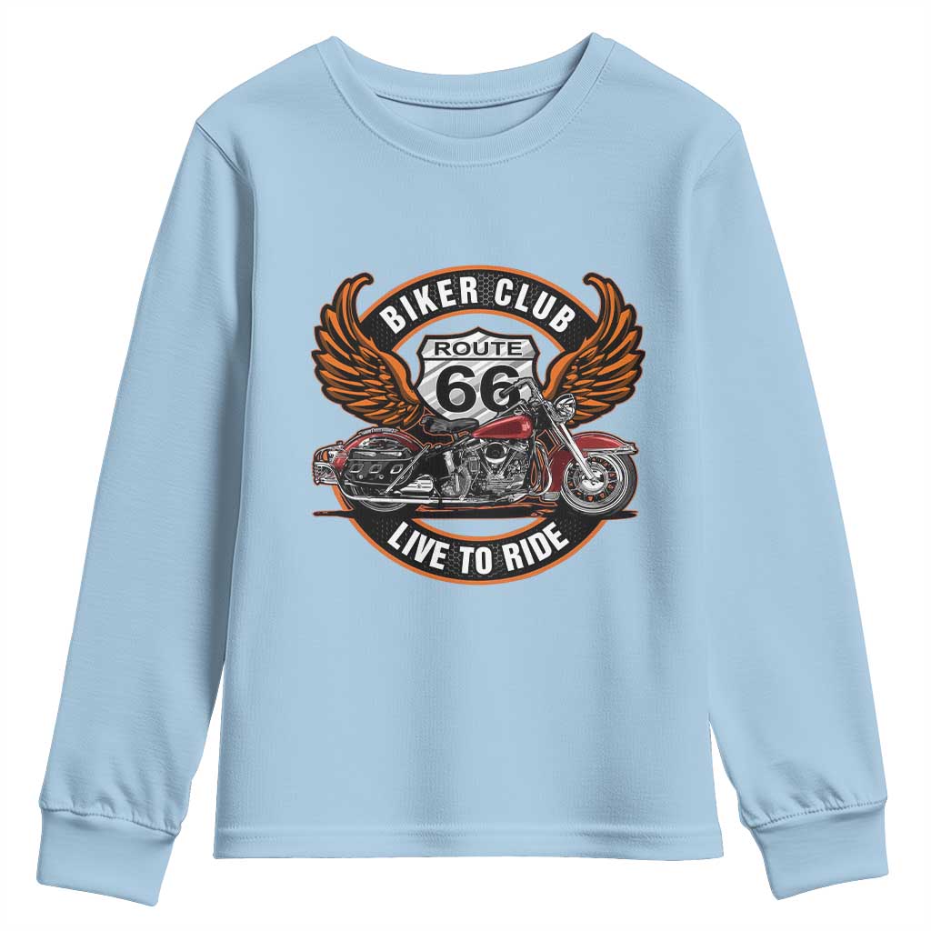 Vintage Route Highway 66 Biker Club Youth Sweatshirt Live To Ride Motorcycle Graphic
