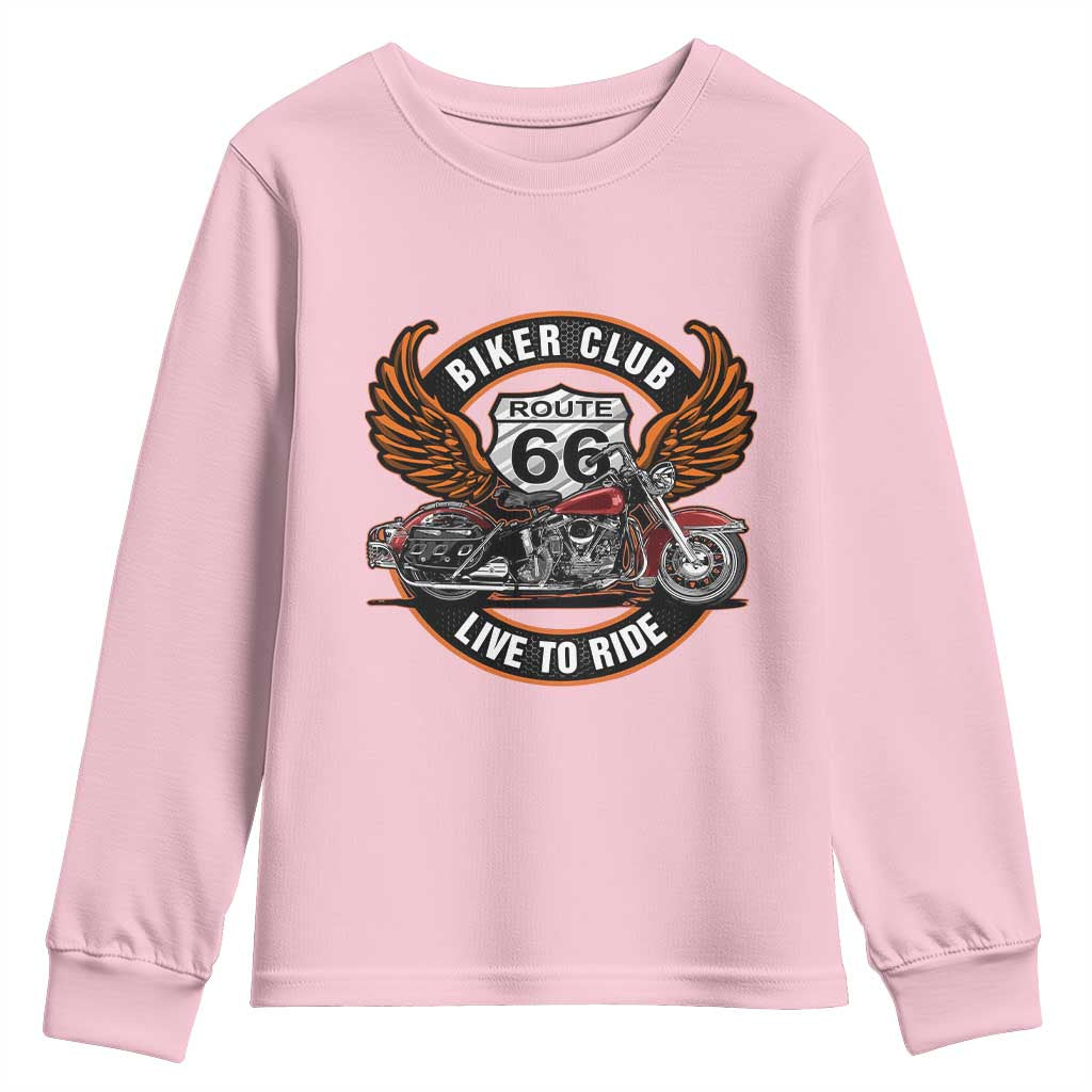 Vintage Route Highway 66 Biker Club Youth Sweatshirt Live To Ride Motorcycle Graphic