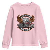 Vintage Route Highway 66 Biker Club Youth Sweatshirt Live To Ride Motorcycle Graphic