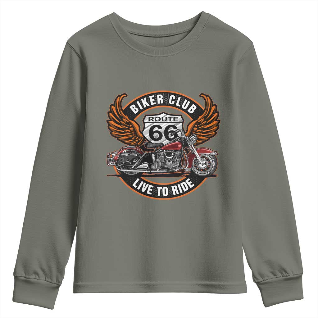 Vintage Route Highway 66 Biker Club Youth Sweatshirt Live To Ride Motorcycle Graphic