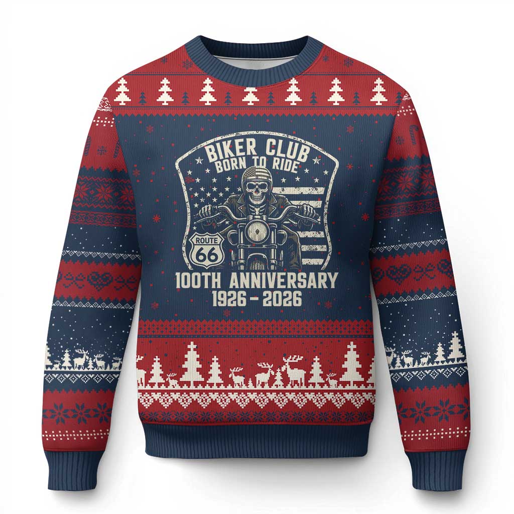 Vintage Biker Club Born To Ride Ugly Christmas Sweater 100th Anniversary Mother Road