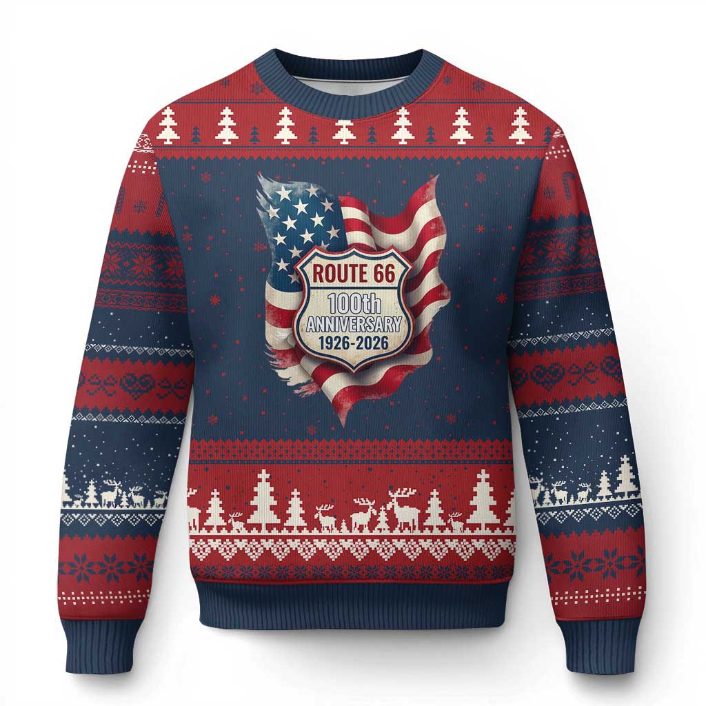 Route Highway 66 Centennial Ugly Christmas Sweater Vintage American Flag Patriotic Gift