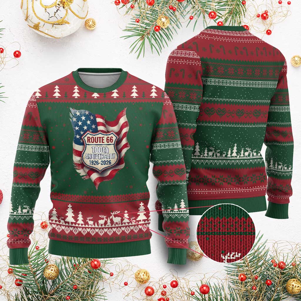 Route Highway 66 Centennial Ugly Christmas Sweater Vintage American Flag Patriotic Gift