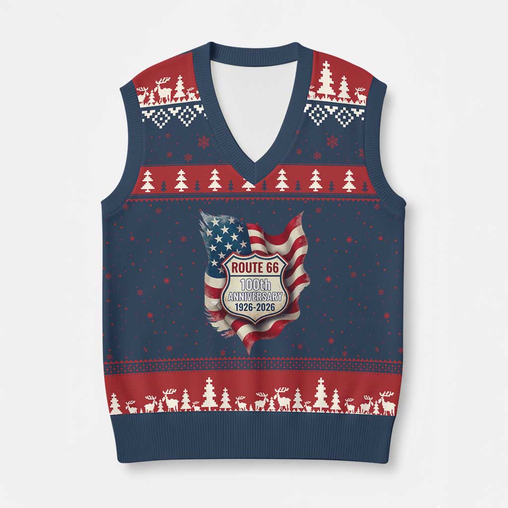 Route Highway 66 Centennial V-Neck Knit Sweater Vest Vintage American Flag Patriotic Gift