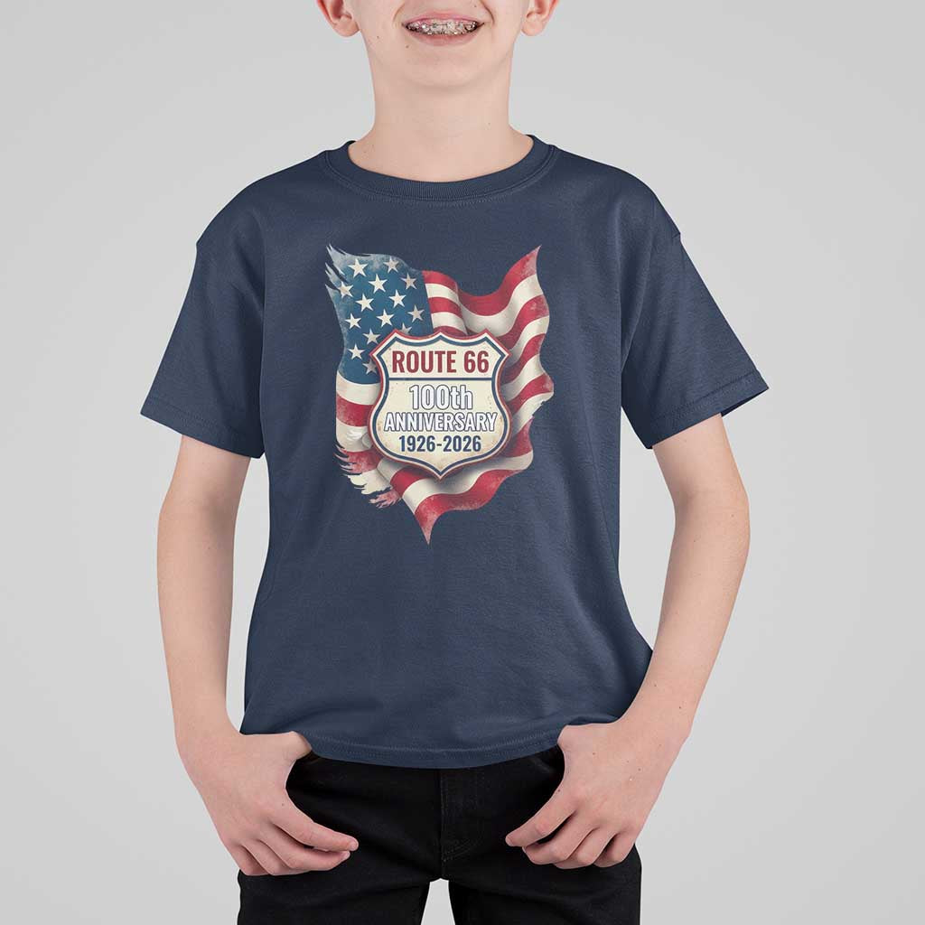 Route Highway 66 Centennial T Shirt For Kid Vintage American Flag Patriotic Gift