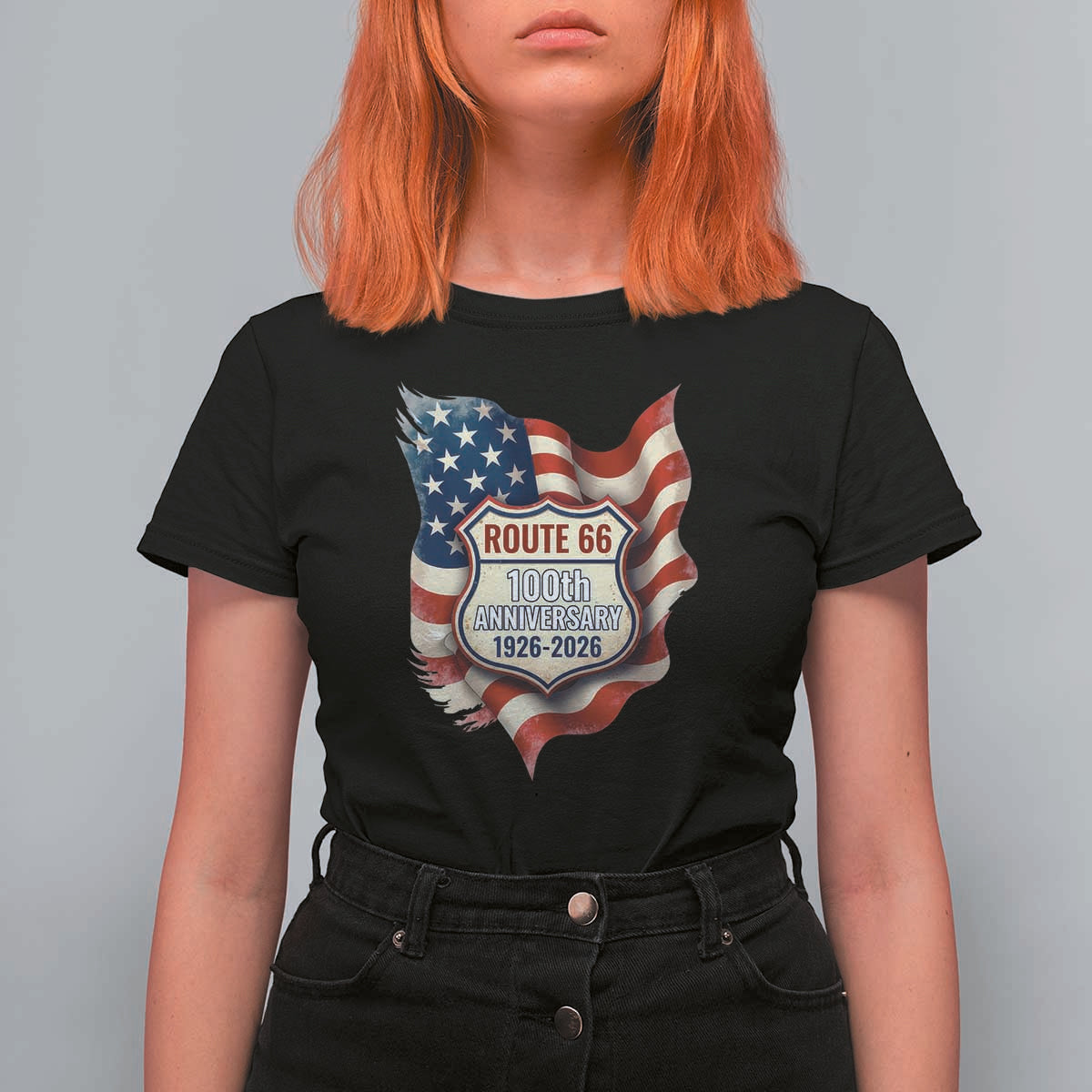 Route Highway 66 Centennial T Shirt For Women Vintage American Flag Patriotic Gift