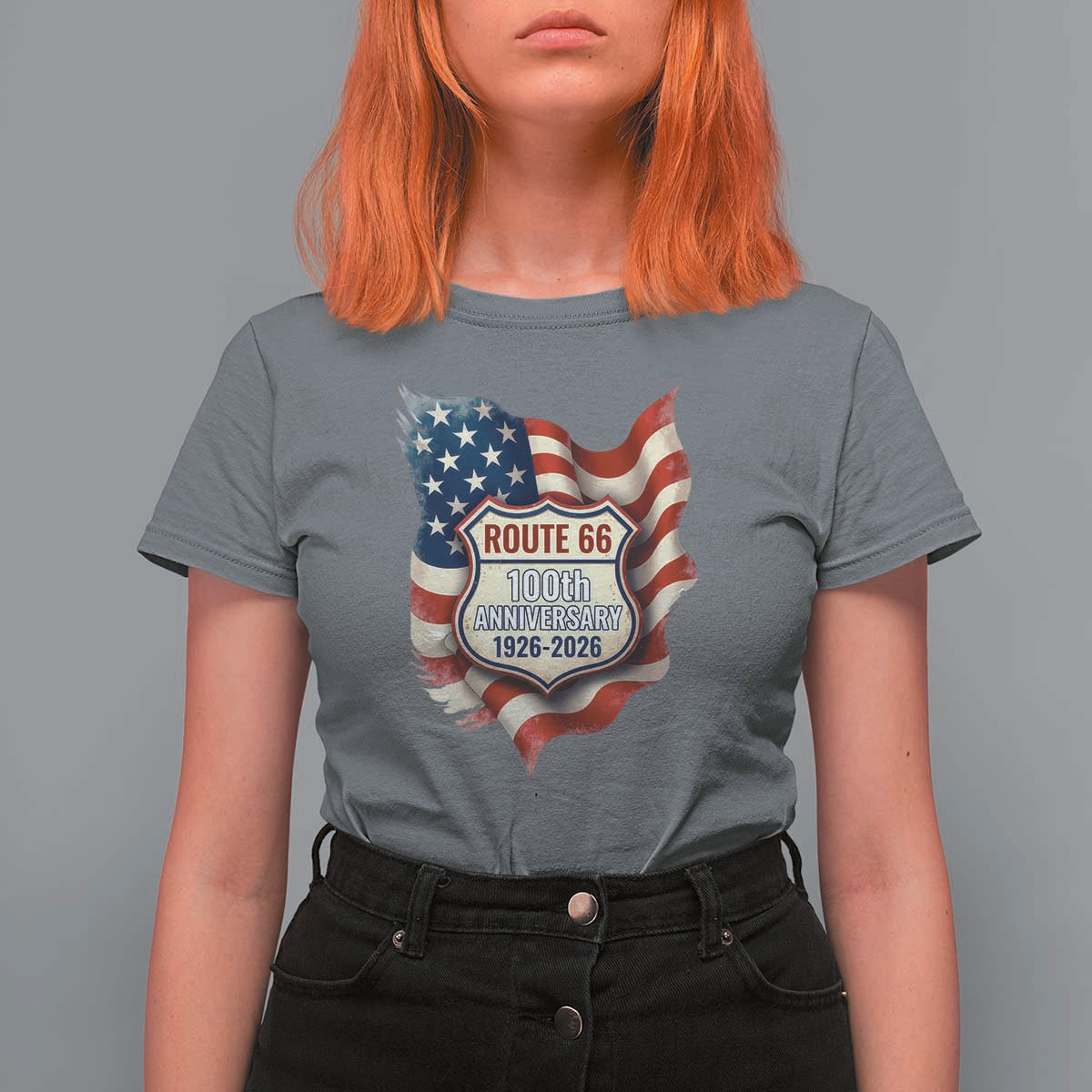 Route Highway 66 Centennial T Shirt For Women Vintage American Flag Patriotic Gift